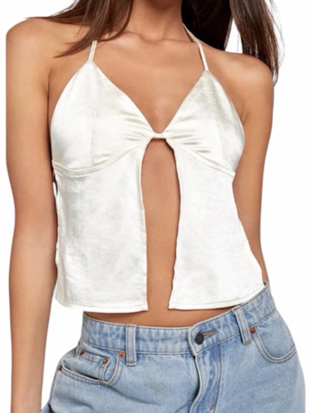 Motel Rocks ivory satin backless halter tank